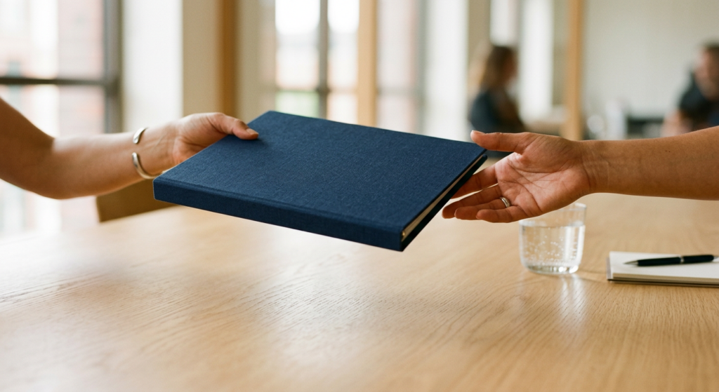 Médiation en entreprise : deux personnes autour d'une table avec un carnet